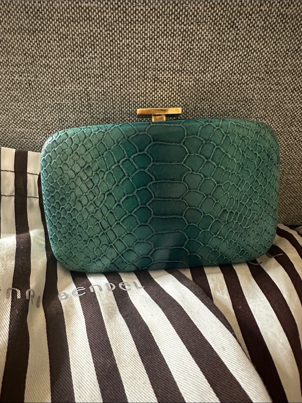 Henri Bendel Teal python Embossed Evening mini Clutch with Gold Hardware